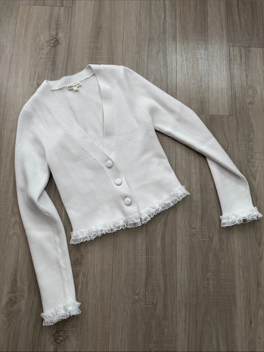 For Love & Lemons Ivory Lace-Trim Ribbed Cardigan, L